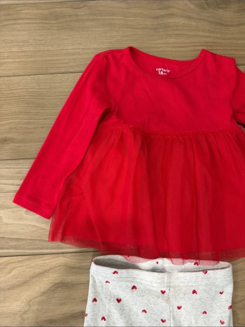 Carter's Red Tulle Peplum Top with Gray Heart Print Leggings
